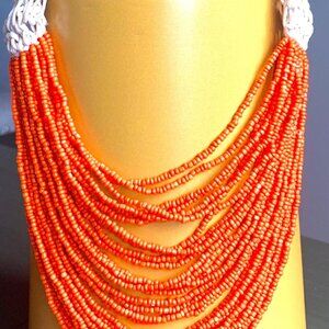 Versatile Woven Beige & Multistrand Orange Glass Beaded Statement Necklace New